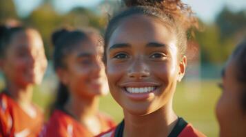 ai generado un sonriente joven hembra fútbol americano jugador con su compañeros de equipo en suave atención detrás su foto