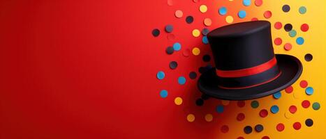 AI generated A magician's hat on a vibrant background sprinkled with confetti. April Fool's Day Celebration. photo