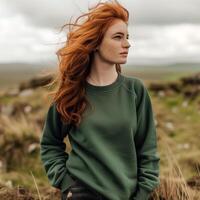 AI generated Redheaded Woman in Green Sweater Outdoors. Sweatshirt mockup. photo