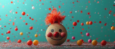 AI generated Playful Clown Concept with Colorful Confetti and Party Hat on Teal Background. photo