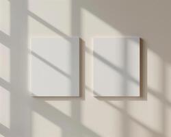 AI generated Dual Blank Canvas Mockups with Geometric Shadow Play on a White Wall. photo