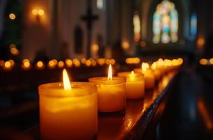 ai generado Iglesia velas en ambiente ligero foto