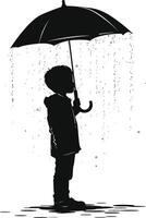 AI generated Silhouette boy with umbrella during drizzle black color only vector