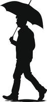 AI generated Silhouette boy or man with umbrella during drizzle black color only vector