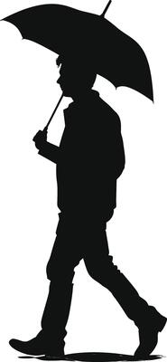 AI generated Silhouette boy or man with umbrella during drizzle black color only