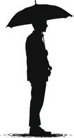 AI generated Silhouette boy or man with umbrella during drizzle black color only vector