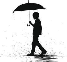 AI generated Silhouette boy or man with umbrella during drizzle black color only vector