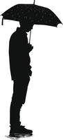 AI generated Silhouette boy or man with umbrella during drizzle black color only vector