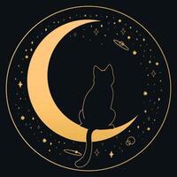 Black cat sitting on a crescent and admires the stars. Back view. Magic and sorcery background. Vector illustration