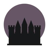 Dark Medieval castle flat icon. Fortress on red bloody sky circle background. Medieval architecture. Vector illustration of knight castle with walls and towers isolated on white background