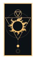 Abstract celestial emblem with a sun and geometric shapes on black background. Vector illustration