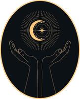 Abstract celestial emblem with human hands holding shining crescent and star. Vector illustration