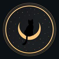 Black cat sitting on a crescent. Back view. Magic and sorcery background. Vector illustration