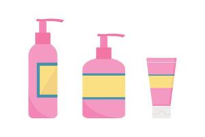 Set of plastic containers for cosmetic products. Pump bottles and tube in flat style. Vector illustration