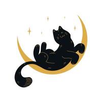 Funny black cat is lying on a crescent. Vector illustration