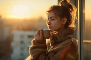 AI generated Young woman savoring sunrise tea photo