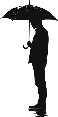 AI generated Silhouette boy or man with umbrella during drizzle black color only