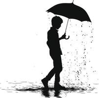 AI generated Silhouette boy or man with umbrella during drizzle black color only vector