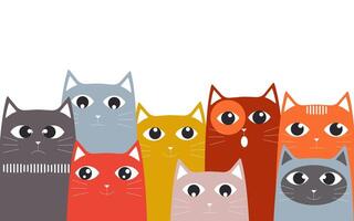 A set of fashionable cute cats of different colors with emotions and big eyes sit on a white background with copy space. Vector. vector