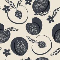 Seamless pattern of peach and apricot fruits. Summer tropical vibe with white and black for modern fabrics and textiles. Vector. vector