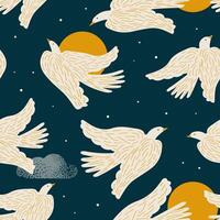 White birds on a dark blue background with sun and cloud create a seamless pattern for textiles. Vector. vector
