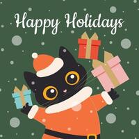 A black cute cat dressed as Santa Claus juggles with gift boxes and dances under the snowfall. Vector. vector
