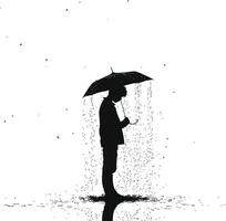 AI generated Silhouette boy with umbrella during drizzle black color only vector