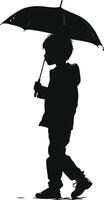 AI generated Silhouette boy with umbrella during drizzle black color only vector