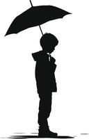 AI generated Silhouette boy with umbrella during drizzle black color only vector