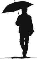 AI generated Silhouette boy with umbrella during drizzle black color only vector