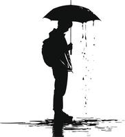 AI generated Silhouette boy with umbrella during drizzle black color only vector