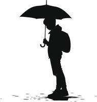 AI generated Silhouette boy with umbrella during drizzle black color only vector