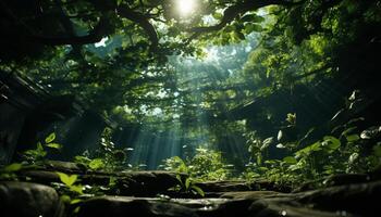 AI generated Tranquil scene  green forest, sunlight, water, animals in the wild generated by AI photo