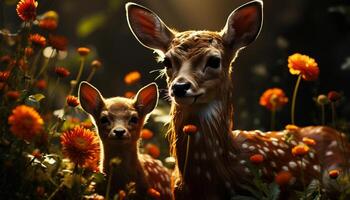 AI generated Cute young deer in meadow, looking at camera, surrounded by flowers generated by AI photo