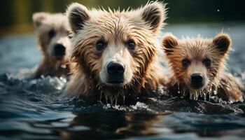 ai generado linda mojado perrito jugando en agua, mirando a cámara, adorable generado por ai foto