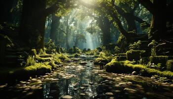 AI generated Tranquil scene  green forest, wet leaf, mysterious tree, tranquil pond generated by AI photo