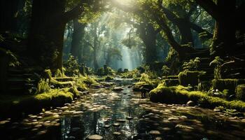 ai generado tranquilo escena verde bosque, mojado hoja, misterioso árbol, tranquilo estanque generado por ai foto