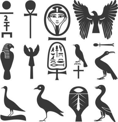 AI generated Silhouette collection of ancient egyptian hieroglyphs symbol logo black color only