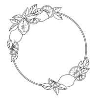 Doodle wreath with lemons, lemon slices, leaves. Vector illustration. Place for your text.