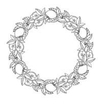 Doodle wreath with lemons, lemon slices, leaves. Vector illustration. Place for your text.