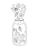 Doodle set of cucumbers in a jar. Vector illustration isolated on white background. Coloring for children.