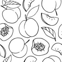 Seamless vector pattern with peaches on a white background. Doodle fruits. For wallpaper, wrapping paper, textile, postcards, web page background, interior decor, menu. Cartoon design.