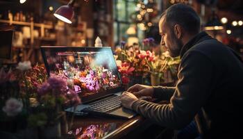 AI generated A man, working indoors, owns a small business with technology generated by AI photo