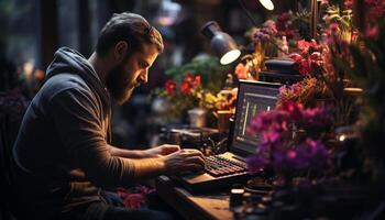 AI generated A man sitting indoors, working on a laptop, smiling happily generated by AI photo