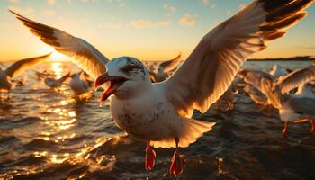 AI generated Seagull flying in nature, sunset, animals in the wild, freedom generated by AI photo