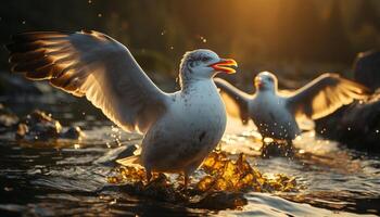 ai generado volador Gaviota se extiende alas, reflejando luz de sol en tranquilo agua generado por ai foto