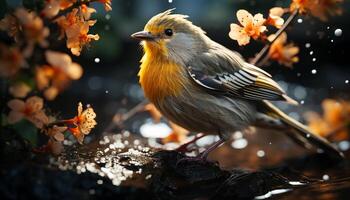 AI generated Cute bird perching on branch, surrounded by snowy winter forest generated by AI photo