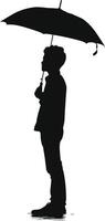 AI generated Silhouette boy or man with umbrella during drizzle black color only vector