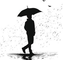 AI generated Silhouette boy or man with umbrella during drizzle black color only vector