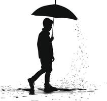 AI generated Silhouette boy or man with umbrella during drizzle black color only vector